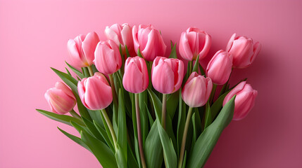 Beautiful composition of pink tulip bouquet on pastel pink background, perfect for Valentine's Day, Easter, Mother's Day, and more.