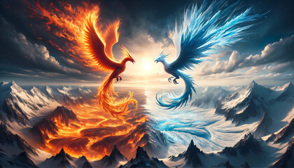 Encounter between a fire and ice phoenix, both with their own landscape (Background) - obrazy, fototapety, plakaty