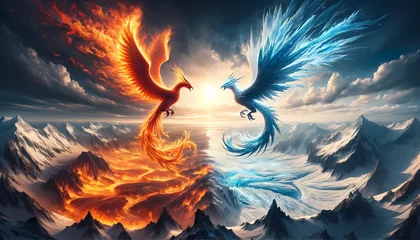 Fotobehang Encounter between a fire and ice phoenix, both with their own landscape (Background) © Thomas