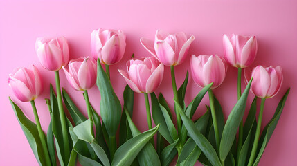 Beautiful composition of pink tulip flowers on pastel pink background, suitable for Valentine's Day, Easter, birthdays, Women's Day, and Mother's Day celebrations.