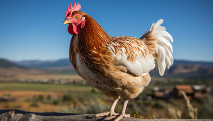 Majestic rooster standing in meadow, surrounded by nature beauty generated by AI