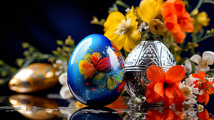 Colorful easter eggs and spring flowers on a dark blue background. Selective focus. Greeting card on an Easter theme. Happy Easter concept.