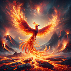 Burning phoenix bird rising from a volcanic landscape. © Thomas