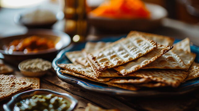 Unleavened matzah crackers stacked on blue ceramic plate during passover meal