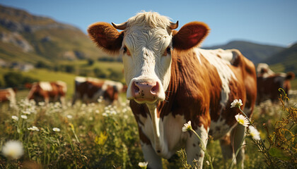 Fototapeta na wymiar Cute cow grazing on green meadow, enjoying the summer generated by AI