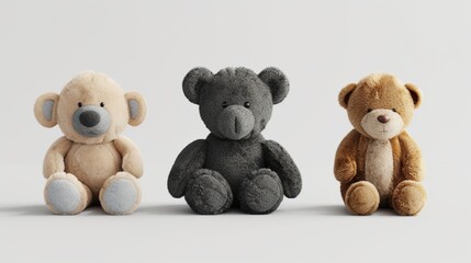 cutout set of 3 stuffed animal toys isolated on transparent png background