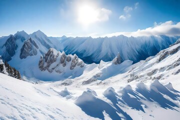 Fototapeta premium A panoramic view of a mountain range, each peak adorned with a thick layer of powdery snow, glistening under the bright midday sun