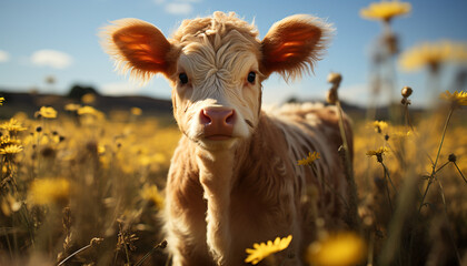 Cute cow grazing on green meadow, looking at camera generated by AI