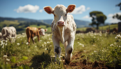 Fototapeta premium Cute young cow grazing on green meadow in summer generated by AI
