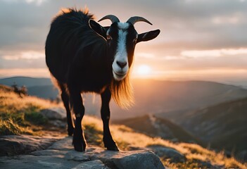 a goat on the mountain at sunset - obrazy, fototapety, plakaty