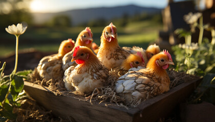 Young chickens roam freely in a sunny, green meadow generated by AI