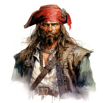 Portrait of a pirate captain with a red hat on a white background. Watercolor illustration.