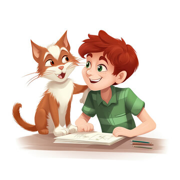 A red-haired boy and a red cat are sitting at a table. Storybook illustration isolated on white background. Children and pets.