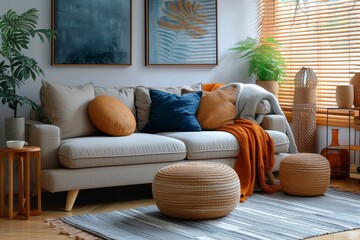 A cozy living room filled with comfortable seating options, including a plush couch and loveseat adorned with vibrant pillows and poufs, all set against a stylish backdrop of wicker accents and a bea - obrazy, fototapety, plakaty