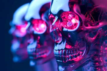 AI (Artificial Intelligence) concept, humanoid cybernetic skulls, - obrazy, fototapety, plakaty