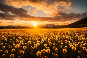 A captivating sunrise over a rural landscape, highlighting a field of dandelions, with the morning sky's clouds casting a soft shadow on distant mountains.
