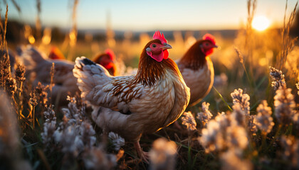 Young chickens graze in a green meadow at sunrise generated by AI - obrazy, fototapety, plakaty