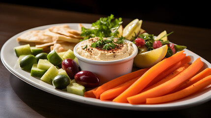 Selection of healthy fresh raw food to nibble on with humus paste to round off healthy vegetarian enjoyment on TV evenings