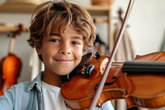 A young boy's passion for music is reflected in his delicate hold on a violin, his face alight with the beauty of classical melodies