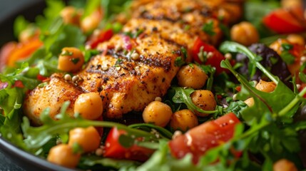 A close-up of a nutrient-dense salad loaded with lean proteins like grilled chicken