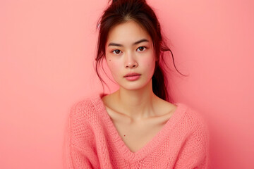 Fototapeta premium A young asian female, wearing a peach sweater. She has perfect skin and captivating large eyes,