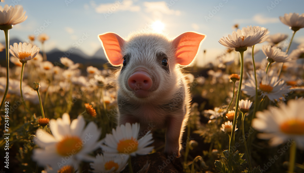 Sticker Cute piglet grazing on green meadow, surrounded by wildflowers generated by AI