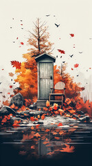 Autumn landscape with a wooden door, maple leaves and a chair in the park with reflection in the water.