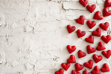 red hearts shaped on white wall, for Happy Valentine's day with empty space for text