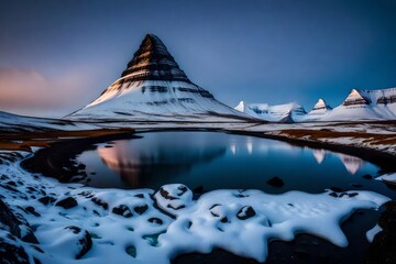 A mesmerizing evening view of Kirkjufell volcano, the sky's twilight colors creating a magnificent backdrop for the rugged landscape of the Snaefellsnes peninsula