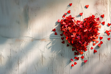 red hearts of paper shaped on white wall, for Happy Valentine's day with empty space for text