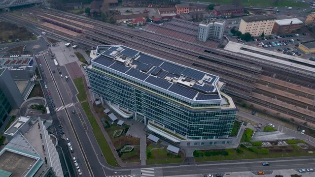 Top view of Rogoredo train station modern office buildings in Milan