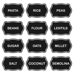 Set of 12 vector stickers with the names of cereals in English.Stickers, labels for jars of cereals.Can be used to label kitchen food containers.