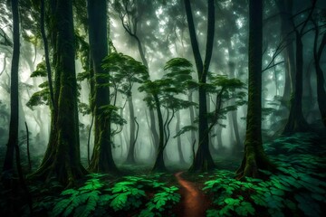 A mystical forest scene in Kerala, with tall trees partially obscured by early morning mist. The forest floor is lush and green, adding to the mystique.