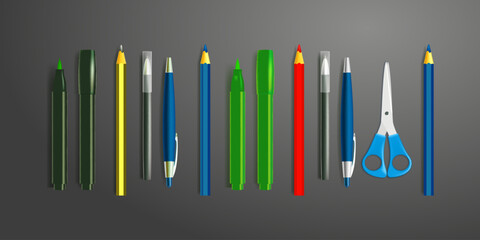 Set of school supplies on black graphite board background. Colored pencils, markers, pens and scissors in a realistic style. Back to school template - 724196471