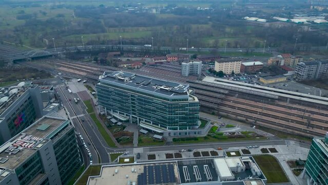 Top view of Rogoredo train station modern office buildings in Milan