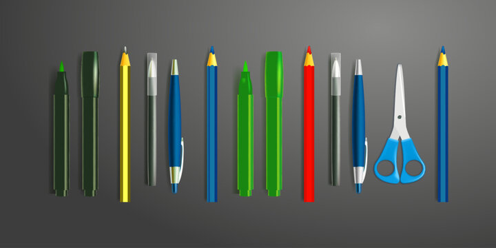 Set of school supplies on black graphite board background. Colored pencils, markers, pens and scissors in a realistic style. Back to school template
