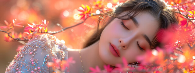 Enchanting Serenity: A Dreaming Woman Resting Atop the Verdant Canopy