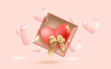 Happy Valentine's day background. Pink red and golden bow in open gift box - 724196677