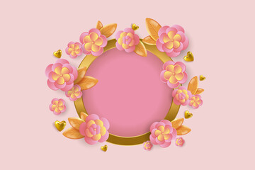Festive background with round golden frame, 3d flowers and leaves. Paper cut style - 724196681