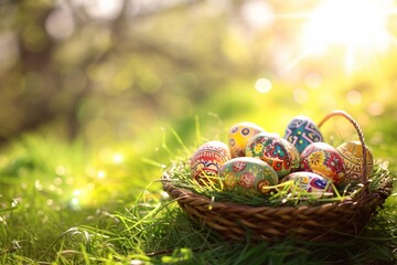 Obraz na płótnie Canvas A woven Easter basket filled with multicolored eggs, set upon a lush green grass under a bright midday sun. The eggs are painted with intricate patterns.