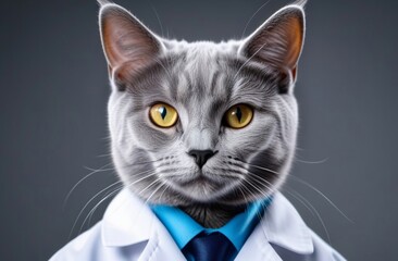 Gray cat-chemist, in a white coat, plain background, studio photo