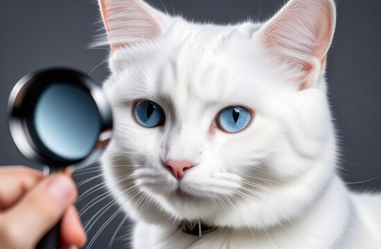 white cat looking through a magnifying glass, plain background, studio photo