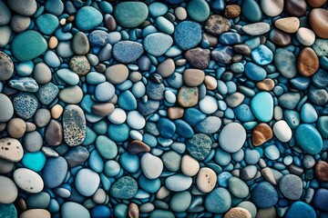 An artistic pebble beach background, the stones bathed in hues of blue and turquoise, creating an abstract, vintage-inspired sea pebble texture