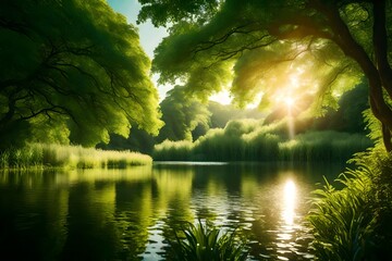 A picturesque summer oasis, a lake cradled by a lush, green environment, the sun casting a warm, inviting glow over the scene.