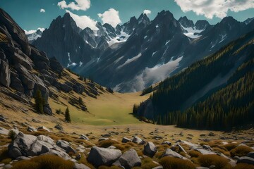 A wide view of a rocky, high-mountain meadow, sparse larch trees scattered about, with the grandeur of a mountain range in the background, creating a scene of natural splendor