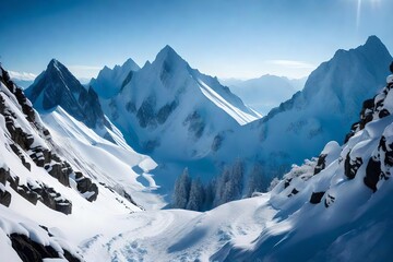 A towering mountain, its rugged terrain completely enveloped in snow, the sharp contrast between the white peaks and the deep blue sky creating a stunning visual effect