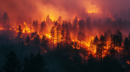 Photograph of a large forest fire. Nature wildfire.