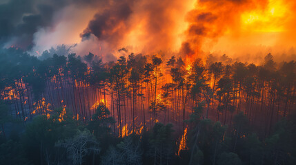 Photograph of a large forest fire. Nature wildfire. - obrazy, fototapety, plakaty