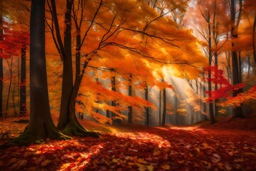 An autumn forest bathed in morning light, with sun rays piercing through the vibrant, colorful canopy of leaves. The ground is carpeted with fallen leaves in shades of red, orange, and yellow.