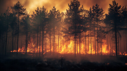 Photograph of a large forest fire. Nature wildfire.